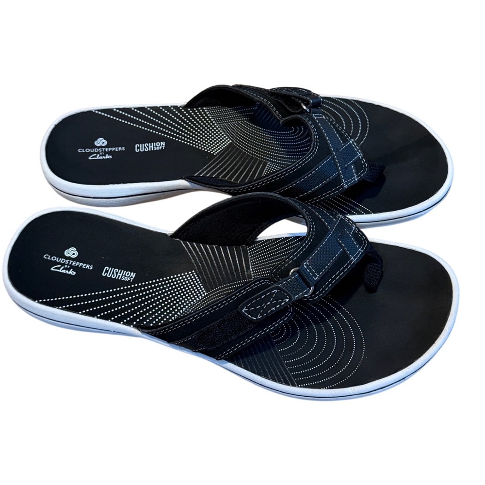 Clarks Cloudsteppers Brinkley Jazz Women 9 Black White Thong Sandals